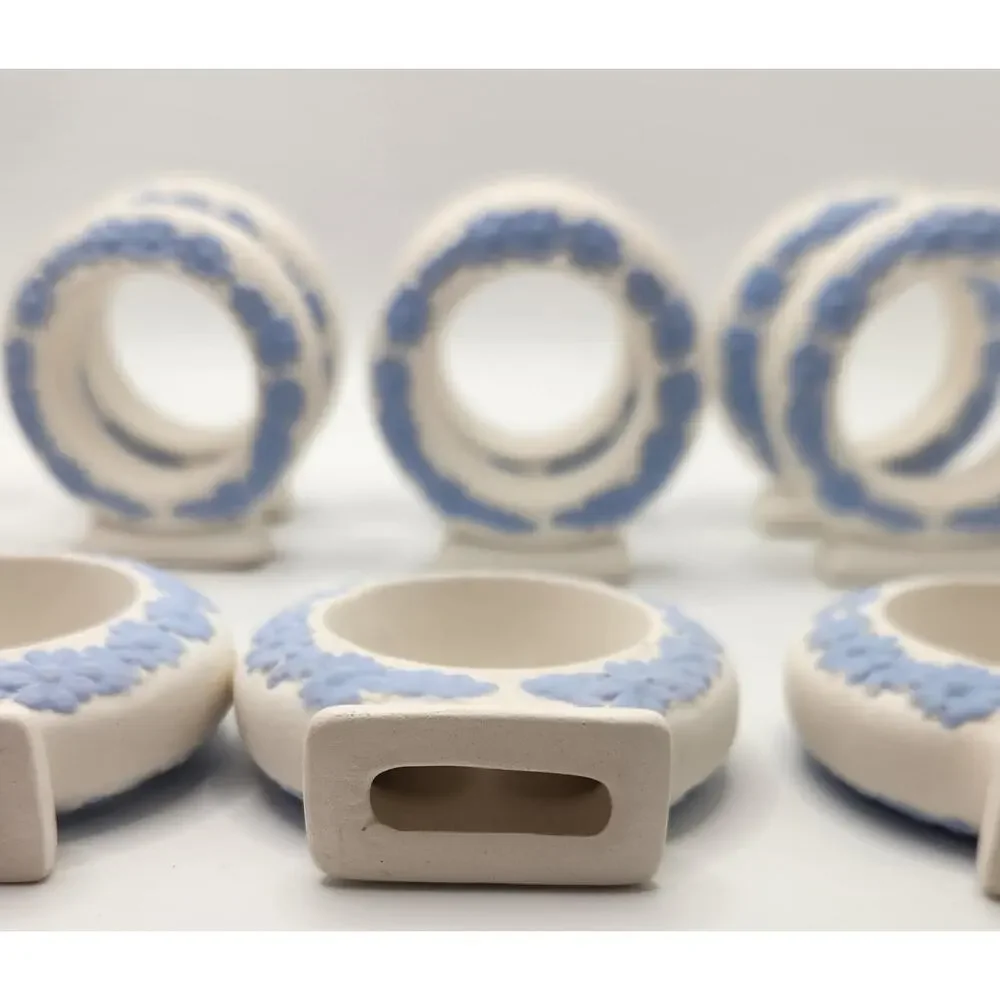 Vintage Ceramic Floral Napkin Rings Set of 12 Ivory & Blue Raised Daisy Design